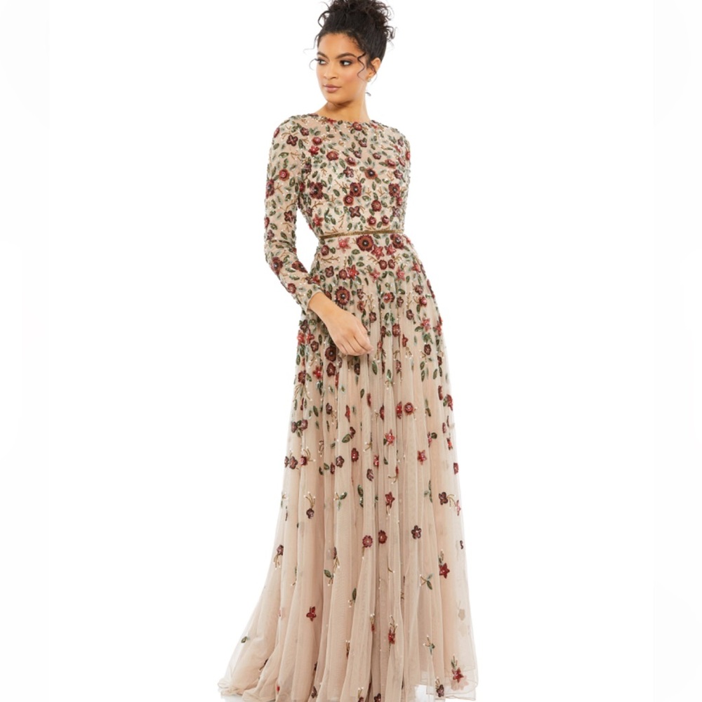 Mac Duggal 5533 Embellished High Neck Modest Long Sleeve A Line Gown